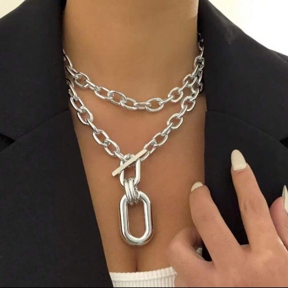 Jewelry - Silver 2pc Chain Toggle Pendant Necklace Set Layered Chunky Link Necklace